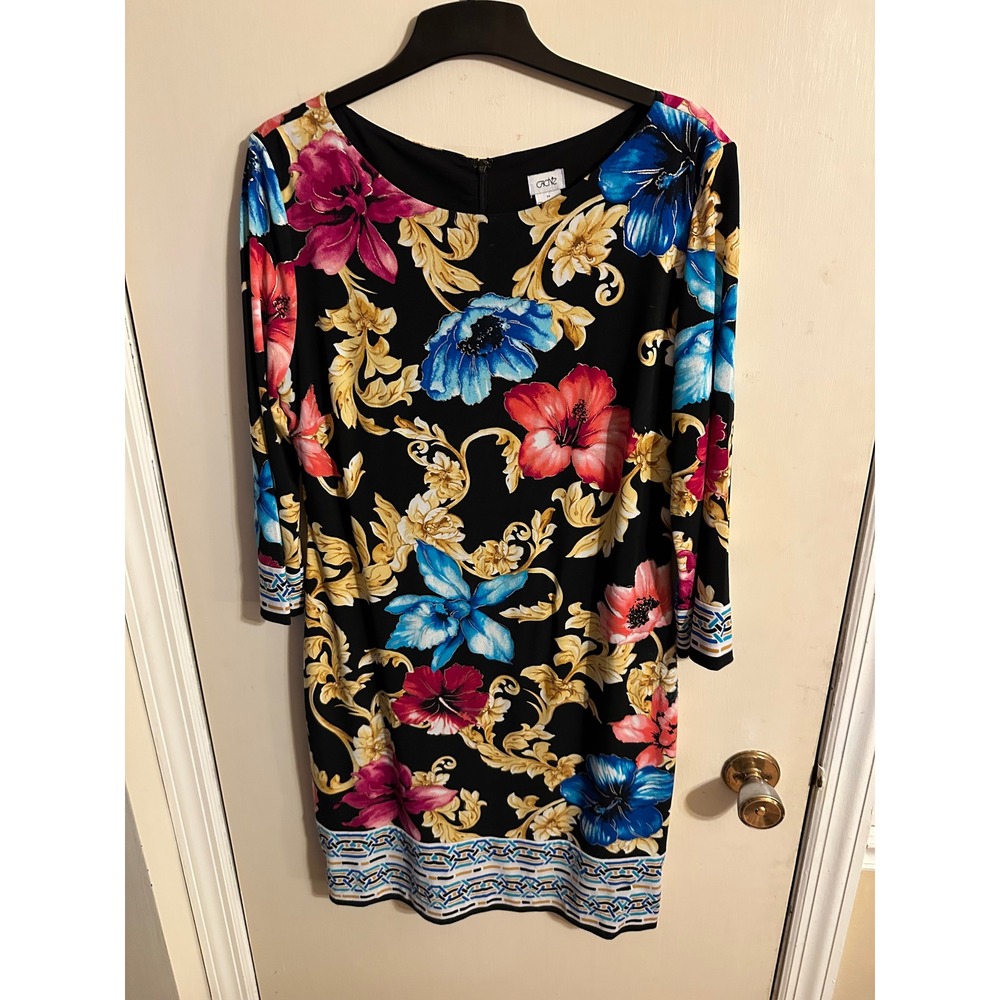 Cache Black Floral Print Long Sleeve Knee Length Sheath Dress Women's‎ Size 14